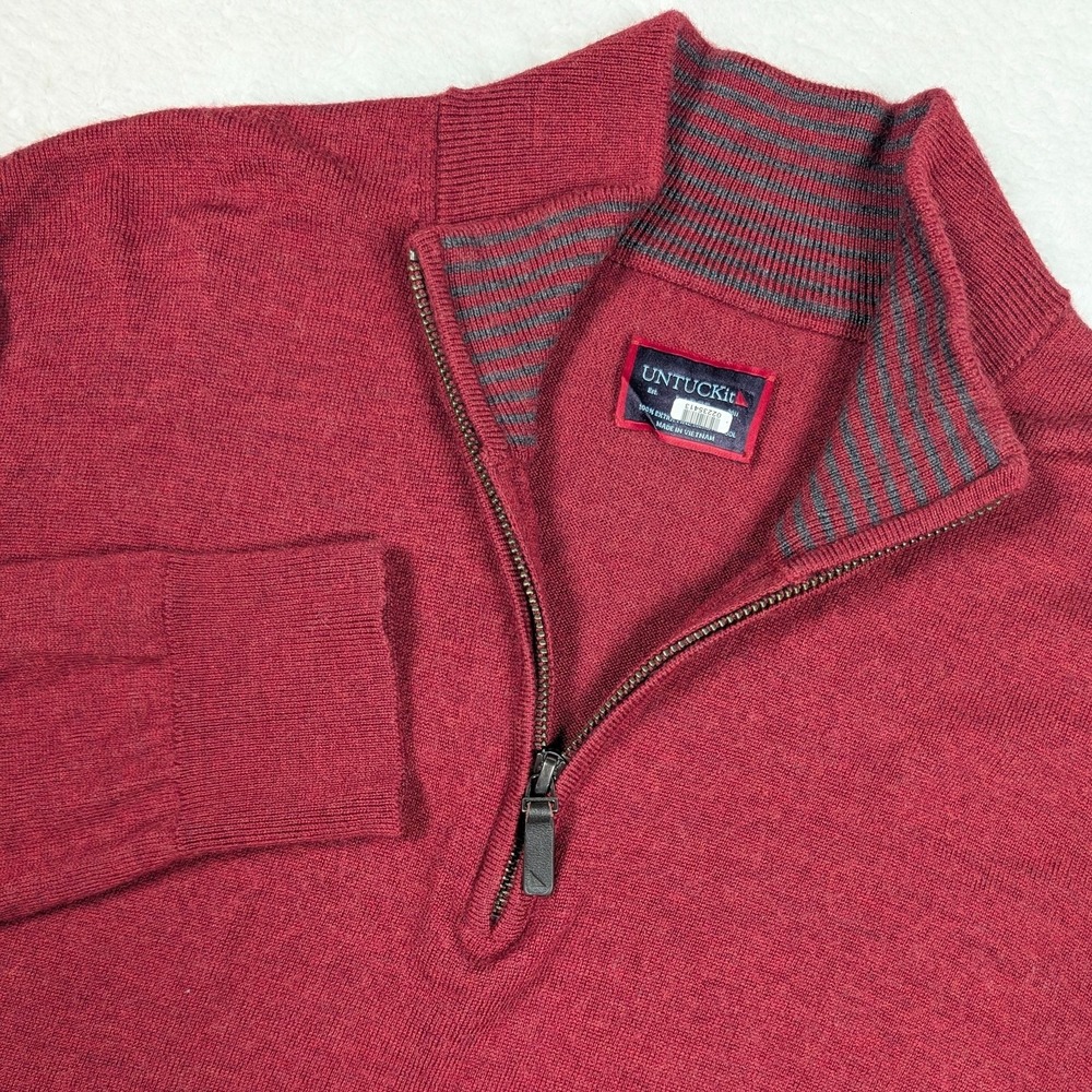 UNTUCKit Sweater Mens Large Red‎ 1/4 Zip Mock Neck Merino Wool Pullover Leather